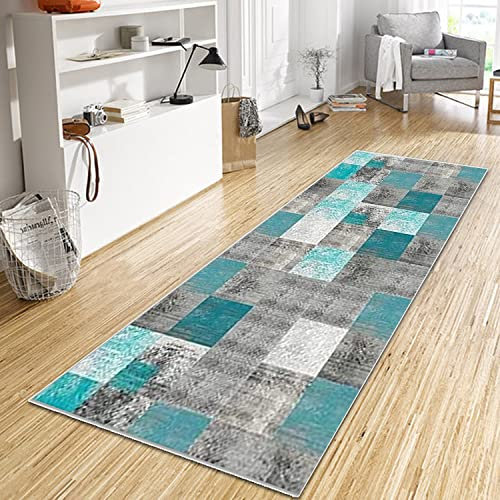 WTHYGB Teppich Läufer Flur Küche 40x60 cm, Modern rutschfest Waschbar Küchenläufer Flurläufer, Lang Polyester Plaid Muster Wasserblau Teppichläufer für Korridor, Schlafzimmer, Innen Wohnzimmer