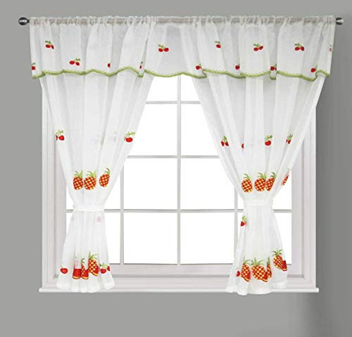 Householdfurnishing Embroidered Kitchen Window Pair Curtains Set Rod Pocket with Attached Valance & Tiebacks (Red White, W 48 x L 42 Inch)