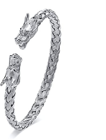 Wikinger Drache Armreif Armband - Edelstahl Elastische Kabel Geflochten Gegenüber Drachenkopf offene Manschette Nordische Wikinger Amulett Talisman Schmuck Geschenke für Papa Vater Freund, Silber
