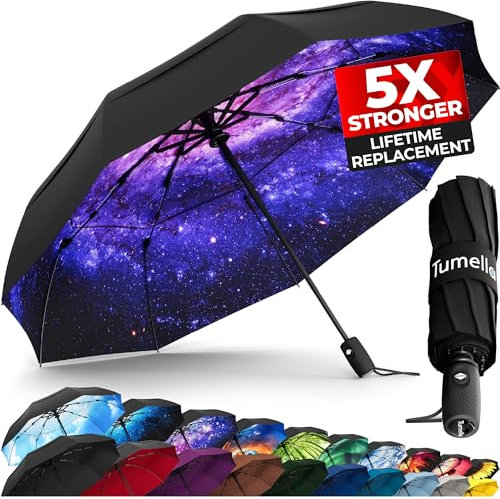 TUMELLA Strongest Windproof Travel Umbrella (Compact, Superior & Beautiful), Small Strong but Light Portable and Automatic Folding Rain Umbrella, Durable Premium Grip, Fits Car & Backpack Dark Black