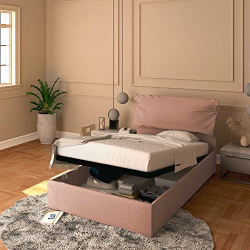 Baldiflex Letto Piazza e Mezza con Contenitore Modello Licia Soft in Tessuto, Rete a Doghe, per Materassi Singoli 120x190 cm, Testiera Finemente Imbottita, Colore Rosa Antico