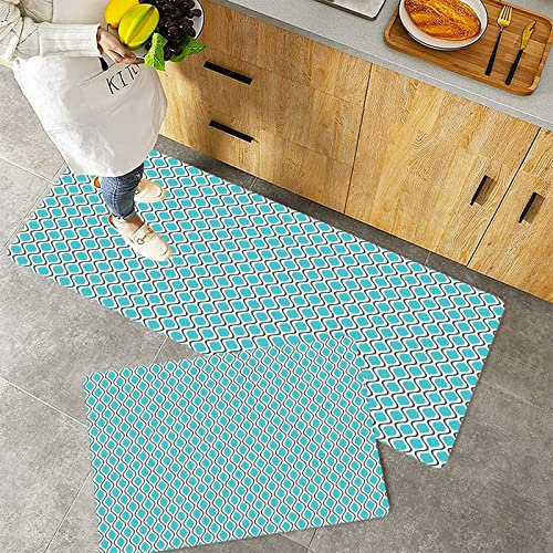 Küchenteppich Teppich Läufer Küchenläufer 2 Stück rutschfest,Abstrakte, vertikale Wellenlinien Oval Double S Shapes Kurven Ogee Muster, Türkis Anthrazi, Waschbar für Flur Küche 40 x 100 cm+40 x 60 cm
