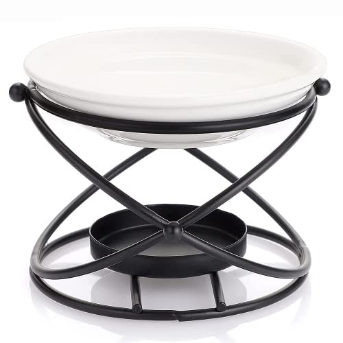 QIHONGC Decorative Metal Essential Oil Burner Wax Melt Burner with Ceramic Bowl Home Decorative Tea Light Candle Holder Aroma Diffuser Candle Holder Candle Burner (Black)