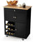 COSTWAY Desserte de Cuisine à roulettes, Rangement Cuisine Plateau en Bois d'Hévéa, Tiroir, Porte-Bouteilles à 3 Niveaux et 2 Placards, Idéal pour Restaurant, Bar, 37 x 67 x 86 cm, Noir