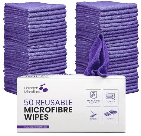 PARAGON Mirofibre 50 Reusable Wipes, Pack of 50, Cloth Size:30 x 30cm, Lint Free, Car Cleaning, Window & Glass, Dusting, Multipurpose, Premium Quality, FREE Storage Box, Purple