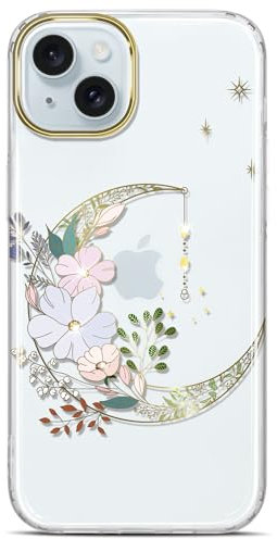 JIAXIUFEN Handyhülle für iPhone 15 Hülle TPU Silikon Schutzhülle Transparent Handy Hülle für iPhone 15 2023 Galvanik Blume Mond