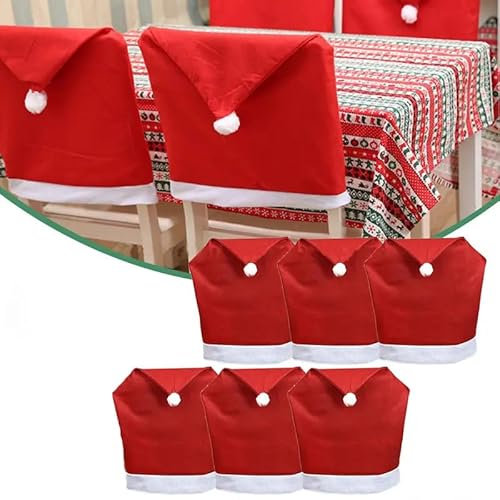 izosen 6er Set Weihnachten Stuhlbezüge, rote Weihnachtsmannmütze Stuhlrückenabdeckung für Weihnachten Esszimmer Restaurant Vliesstoffe Weihnachtsfeier Stuhlbezüge Dekor