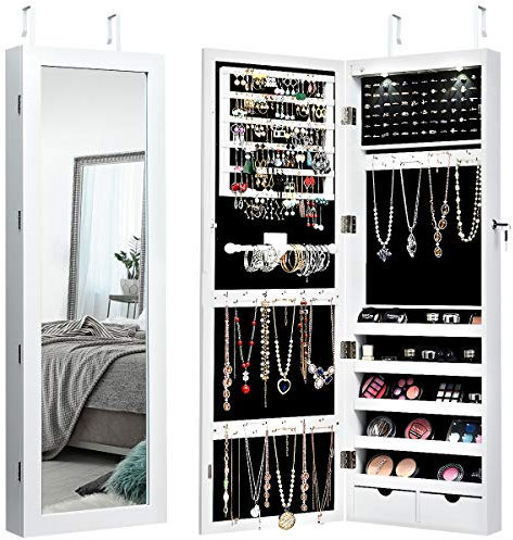 Multigot 2 LED Lights Mirrored Jewelry Cabinet, Door Hanging/Wall Mounted Jewelry Storage Armoire with Full Length Mirror, Lockable Cosmetics Organizer for Bedroom Dressing Room (White)