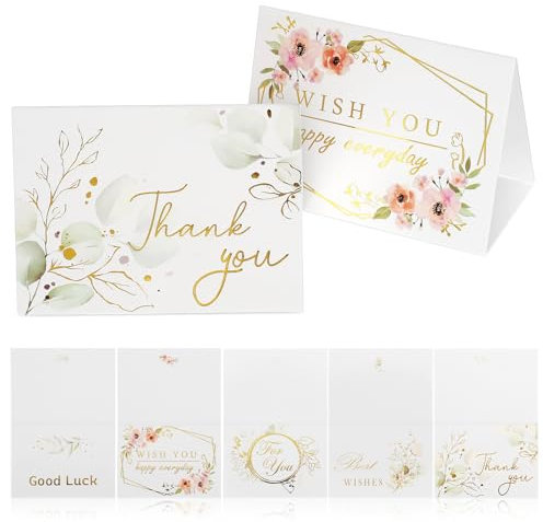NUOBESTY Dankeskarten, blanko, Visitenkarten, 5 Designs, Blumenmuster, Goldfolie, Grußkarten für Verlobung, Hochzeit, Babyparty, Abschlussfeier, Party, 25 Stück
