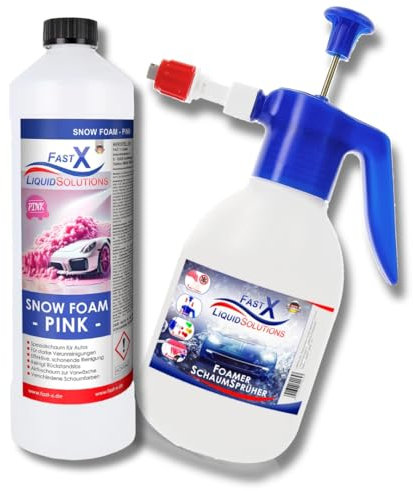 Snow Foam Auto-Reinigungsschaum Aktivschaum im Set mit Pump Sprüher und ohne: pH-Neutral, Lack- & Folien-Schutz in Pink, Blau, Klar – Intensive Pflege & Vorwäsche (Pink, 1 Liter inkl. Schaumpistole)