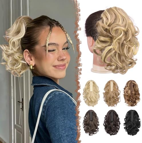 FESHFEN Zopf Pferdeschwanz Haarteile, Kurze Lockige Gewellte Haarklammer Claw Clip Haare Extensions Synthetik Ponytail Haarverlängerung für Damen, Helles Aschbraun & Bleich Blond 25 cm