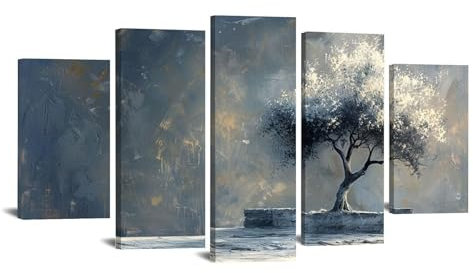 JOSUE 5 pezzi Albero Della Vita Quadri Albero della vita invernale Stampe E Quadri Su Tela,Bianco Quadro Decorazioni Camera Da Letto Ufficio Bagno-60x125cm Incorniciato