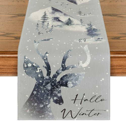 Artoid Mode Hallo Winter Rentier Schneegebirge Bär Schnee Weihnachten Tischläufer, Küche Tisch Dekoration Drinnen Urlaub Party Dekor 40x300 cm