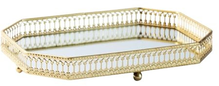 HunicandIU Bandeja de espejo pequeña, bandeja de perfume dorada, bandeja decorativa dorada para espejo cosmético, bandeja hueca para dormitorio, organizador de encimeras versátil para
