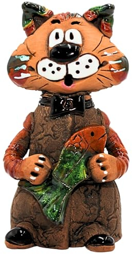 Dekohelden24 Handgemachte Keramik, Keramikkatze mit Fisch in der Hand als Räucherfigur, Räuchermann aus Ton als Katze, Dekofigur mit Räucherfunktion, L/B/H: 7 x 7 x 14cm.