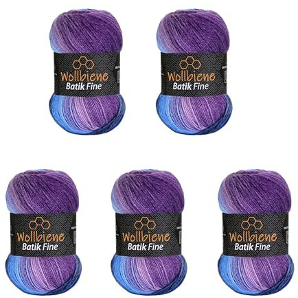 5 x 100g Wollbiene Batik Fine 500 Gramm Wolle mit Farbverlauf mehrfarbig Multicolor Strickwolle Häkelwolle (5900 lila beere blau)