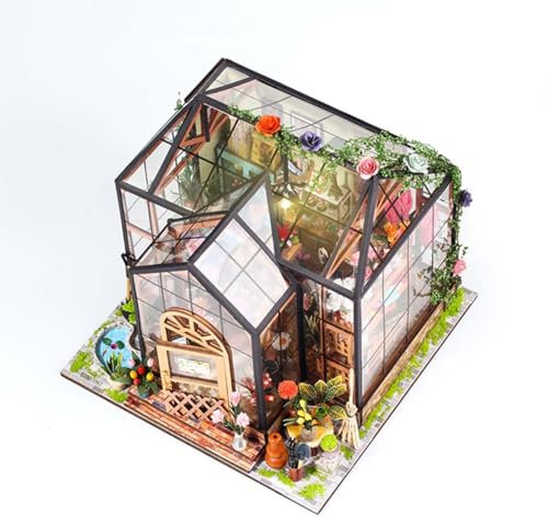 Mious Miniature DIY Dolls House Kit, Jenny Greenhouse 3D DIY Handmade Miniature Art Cottage Assembly Model Kit Creative Ornament, Handmade Crafts for Adults