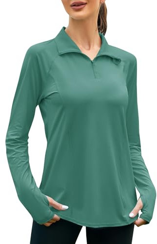 IECCP Damen Sportshirt Langarm Outdoor Trainingshemd Fitness Yoga Shirt Atmungsaktiv Funktionsshirt Workout Oberteil mit Reißverschluss mit Tasche Daumenloch Waldgrün