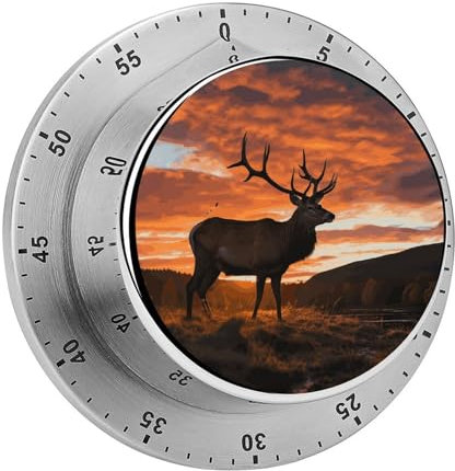 Küchentimer zum Kochen, roter Hirsch, Stier, Elch, Sonnenuntergang, bedruckt, magnetisch, mechanisch, Edelstahl, Timer zum Kochen, Fitness, Backaufgabe, Erinnerung