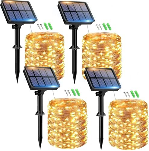 btfarm Lot de 4 Guirlande Solaire Exterieur, 15+2m 150LED Guirlande Lumineuse Exterieure Étanche 8 Modes, Décoration pour Jardin Terrasse Cour Maison Noël