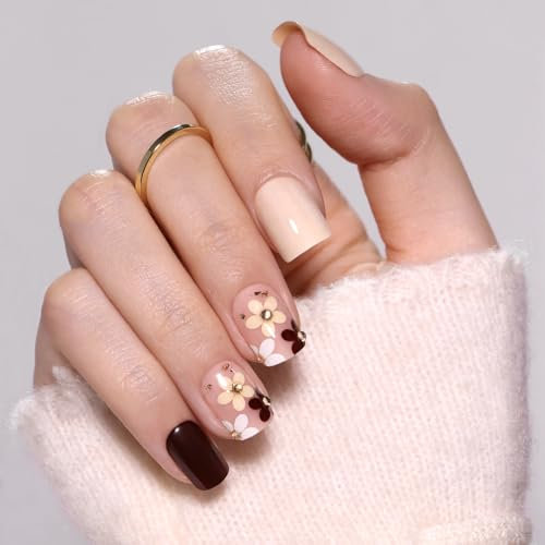 Noerrors Lot de 24 faux ongles courts carrés - Motif floral - Pour automne et hiver - À coller avec de la colle ou du bâton acrylique - Pour automne et hiver