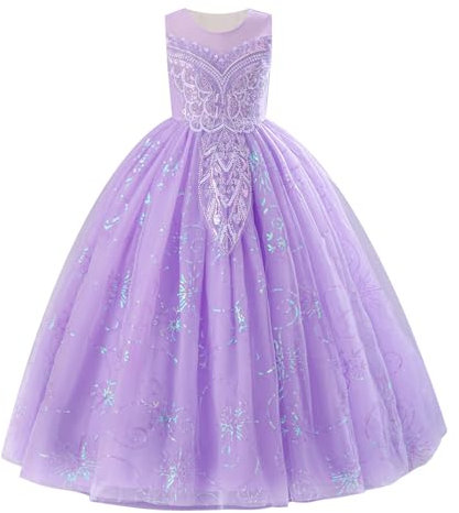 IDOPIP Enfant Fille Les Sequins Broderie Tulle Longue Robe Demoiselle d'honneur Fille Fleur Mariage La Fête Bal Officiel Soirée Anniversaire Violet 170 (13-14Y)