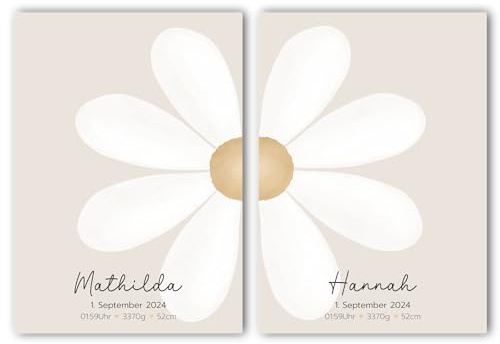 2er Set Geburtsposter Zwillinge Geschwister | Geburtsdaten personalisiert | Kinderzimmer | Gänseblümchen Mädchen | Jungen
