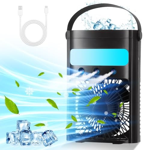 Mobile Klimaanlage,Mini Luftkühler Tragbare Klimaanlage,700ml Verdunstungsluftkühler mit 3 Geschwindigkeiten,ventilator mit wasserkühlung mit 7 LED-Leuchten,USB Air Cooler für Zuhause/Büro (Schwarz)