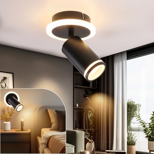 URing Deckenstrahler LED Schwarz Deckenstrahler 1 Flammig Rund Schwenkbar 350° - mit Unteres Glühen 5W+5W GU10 - Wohnzimmer Deckenleuchte Deckenspot 3000K Warmweiß Lampe Decke Wandstrahler für Küche