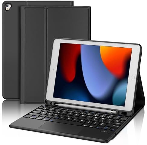 JADEMALL iPad 6. Generation Hülle mit Tastatur, Tastatur Hülle mit Touchpad und Stifthalter für iPad 5. Generation 2017, Pro 9.7 Zoll, Air 2 & 1, QWERTZ Layout, Schwarz