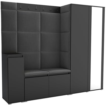 Brent - Garderobenschrank Flur Schwarz mit sitzbank 220 cm Breit Luton 8 - Multifunktionale Flurgarderobe Set mit Stauraum und Wandpaneel, Garderobe mit Sitzfläche und Kleiderhaken