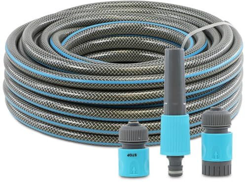 GEEZY 20m Garden Hose Set with Adjustable Water Spray Nozzle & Connectors – Lightweight, Durable & 1/2 Female Tap Connector - Water Pipe for Garden, Lawn, Car Washing & More – Blue & Grey