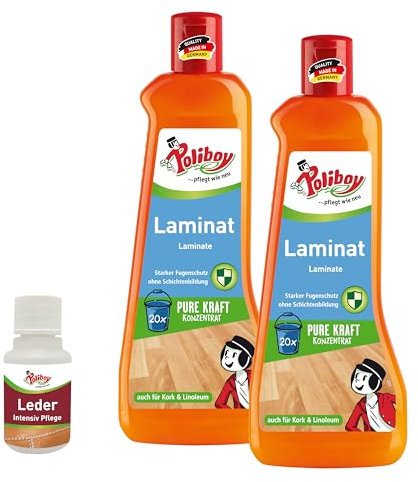 POLIBOY Laminat Reiniger - Bodenreiniger für Laminat, Linoleum und Kork - ergiebiges Reinigungskonzentrat mit Orangenduft - 2x 500 ml - inkl. Produktprobe - Made in Germany