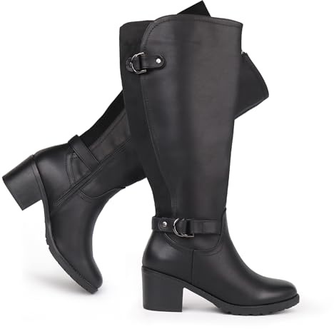 Chicblooms Stivali da equitazione da donna con gambale ampio e tacco alto al ginocchio, cerniera laterale e tacco a blocco