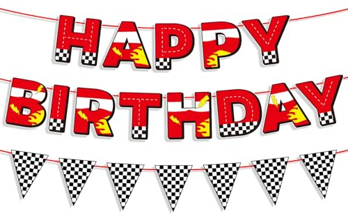 Happy Birthday Banner, Fertig Bespannt Cars Mottoparty Dekoration mit Zielflaggen Banner für Jungen Auto Party Dekoration