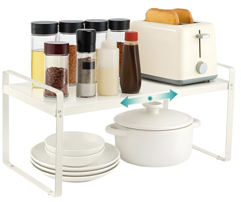 2 Tier Expandable Kitchen Cupboard Organiser Multi-Purpose Shelf Organiser | Cupboard Shelf Organiser for Home and Kitchen Storage Black (White, 2 Tier)