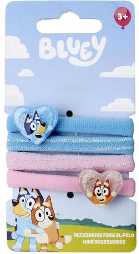 Bluey 4 Pieces Hair Ties for Girls | Kids Elastic Hair Bands with Decorative Hearts and Pastel Colors