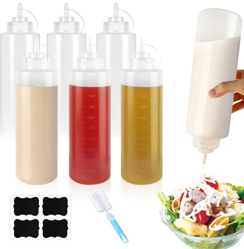 Axincardarm 6 Pcs Squeezy Bottles With Nozzles Plastic Sauce Bottles 1000ml | for Oil Ketchup Salad BBQ, Leak Proof Cap, Easy Squeeze
