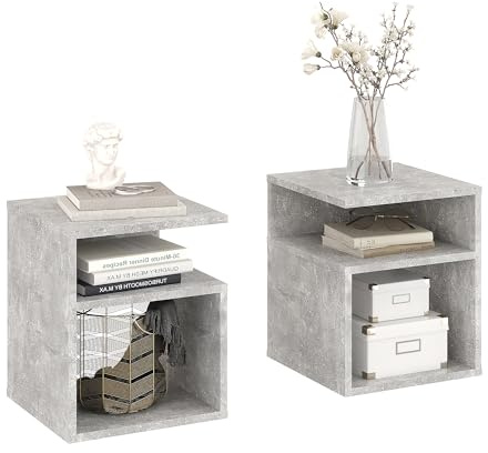 KOMTO Nachttisch 2er Set Beton – Nachtschrank, Beistelltisch mit 2 offene Fächer, Nachtischschränke für Schlafzimmer, Wohnzimmer | Bedside Table KABA 35 x 35 x 41,5 cm