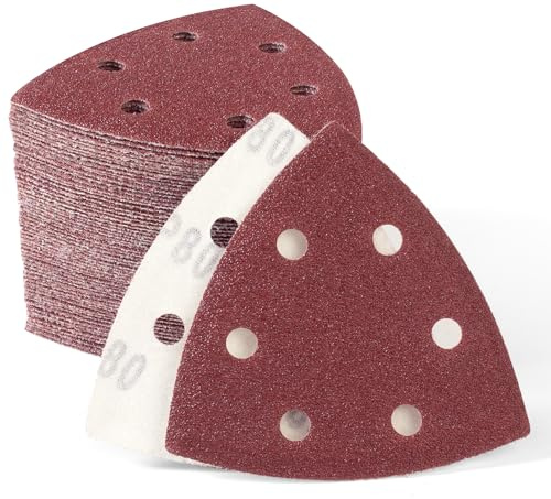 SATC 60 PCS 93mm Delta-Triangle Sanding Sheets 80 Grit Detail Sander Pads Durable Dust-Free 6-Holes Sander Sandpaper Hook and Loop Triangle Sanding 93 x 93 x 93mm