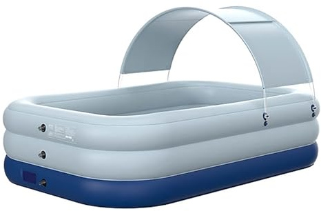 Piscine de loisirs familiale, gonflable, portable, pliable, rectangulaire, avec auvent, SPF 50+, pour le jardin en plein air, arrière-cour, multicolore, plusieurs tailles, bleu, 3 m