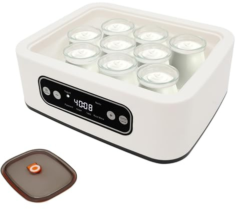 Joghurtbereiter, Joghurtmaschine mit Temperaturregelung, LED-Digitalanzeige, Einstellbarer Zeit Joghurt Maker mit 9 Bechern für Joghurt, Natto und Reiswein