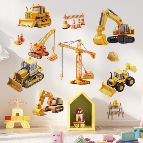 COVPAW Wandtattoo Baufahrzeuge Kran Bagger Bulldozer Set Gelb Wandsticker für Kinderzimmer, 60x30 cm, Wandaufkleber Baustellenfahrzeuge mit Verkehrskegel