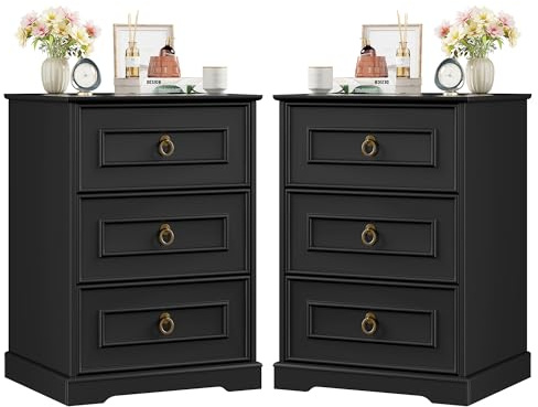 FOREHILL Nachttisch 2er Set Nachtschrank mit 3 Schubladen im Landhausstil | Nachtkästchen Vintage, Nachtkommode für Boxspringbett, Beistelltisch für Schlafzimmer, Wohnzimmer, 45,5x38x64 cm, Schwarz