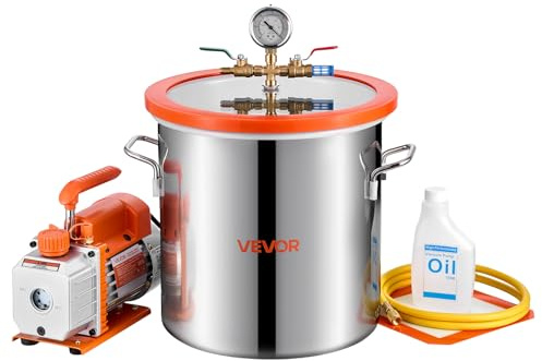 VEVOR Pompe à Vide 3,5 CFM 99 L/min Chambre à Vide Acier Inox 18,92 L 1 Étage avec Couvercle Verre Trempé, Bouteille d'Huile 200 mL, Tuyau 1,5 m, pour Stabilisation de Bois Dégazage Résine Silicone
