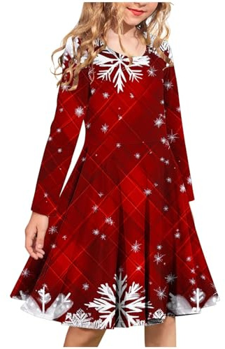 Weihnachten Kleider Für Mädchen Schneeflocken Drucken Weihnachtskleid Schlank Faltenrock Partykleid Bequemer Kleid Langarm Kinderkleider A-Linie Festkleider Herbst Winter Weihnachtsoutfit Gr.120-170
