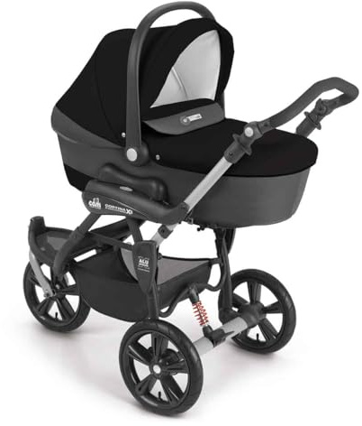 Cortina X3 tris 3in1 Kinderwagen Schwarz | 3in1 Kombi-Kinderwagen mit Babyschale, i-Size Norm, Luftreifen, Book-Faltsystem, Fußsack und Wickeltasche bis 36 Monate.