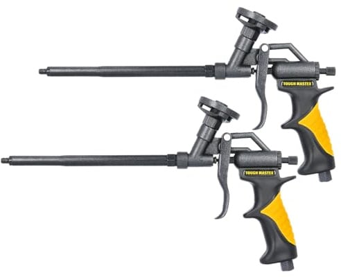 TOUGH MASTER Foam Gun Professional Heavy Duty Aluminium Foaming Gun Steel Tube and Needle Spray Applicator with x2 Plastic Nozzles x2 Plastic Extension Tubes (2)