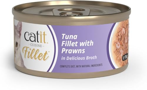 Catit Cuisine Fillet, Real Tuna Fillet with Prawns in Broth, Grain Free Wet Cat Food for Adult Cats, High Meat Tinned Cat Food in Broth 1 x 75g (Pack of 6)