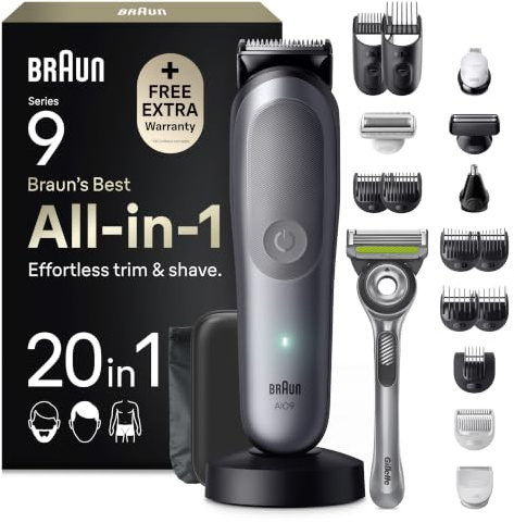 Braun Multigroom All-in-One Series 9, 20-in-1 Trimmer, AIO9540, Grau | Barttrimmer, Nasenhaartrimmer, Haarschneidemaschine, 14 Längen, 120 Min. Akku, Wasserdicht, Inkl. Gillette Labs Rasierer